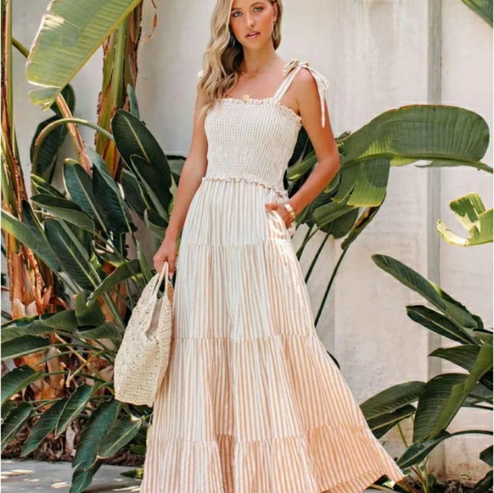 NWT VICI Nautical Cotton Smocked Pocketed Maxi Dress Latte